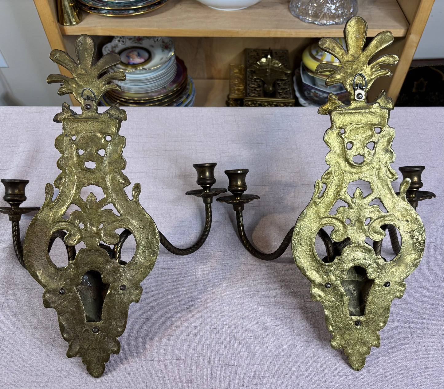 Antique Victorian Figural Brass Wall Sconces with two arms pair!