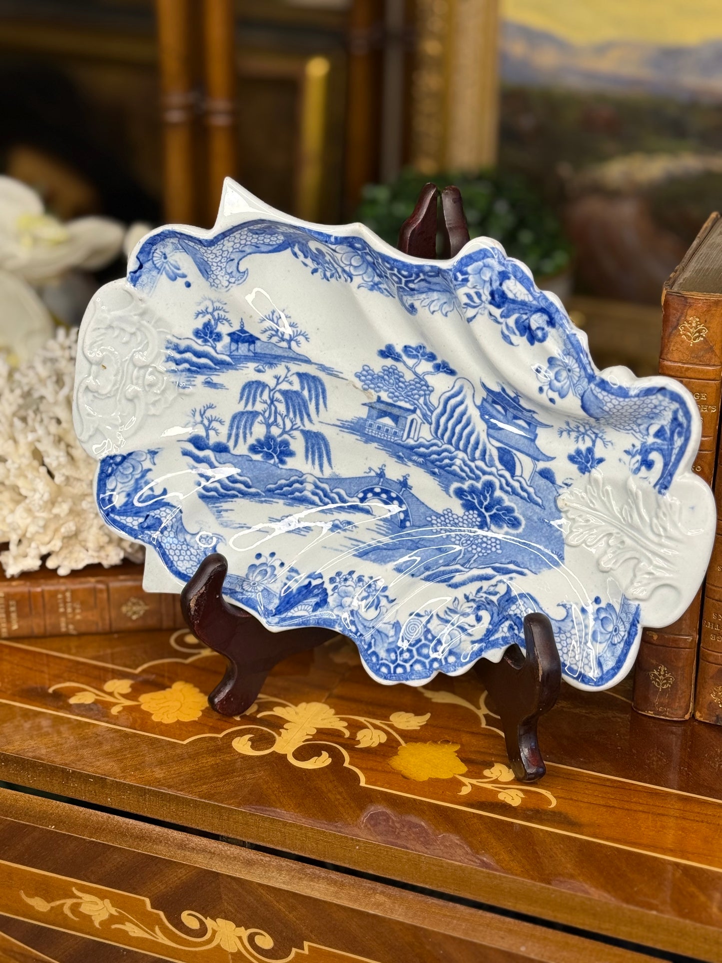 Antique Mason’s Ironstone Shell-Form Dish – Blue & White, c. 1890, 10” Long