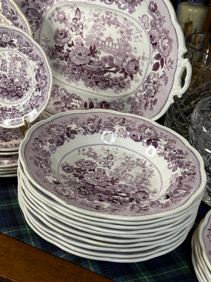 39 Pieces, Circa 1840 | Antique English Staffordshire “Canton Garden”Lavender/ Mulberry Transferware Dinner Service
