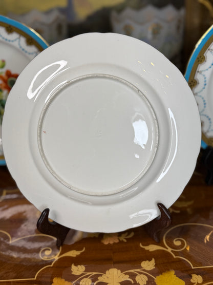 Antique Set of 3 Minton Botanical Hand-Painted Dessert Plates with Raised Jewelling & Acid-Etched Gilding – 9” Dia.