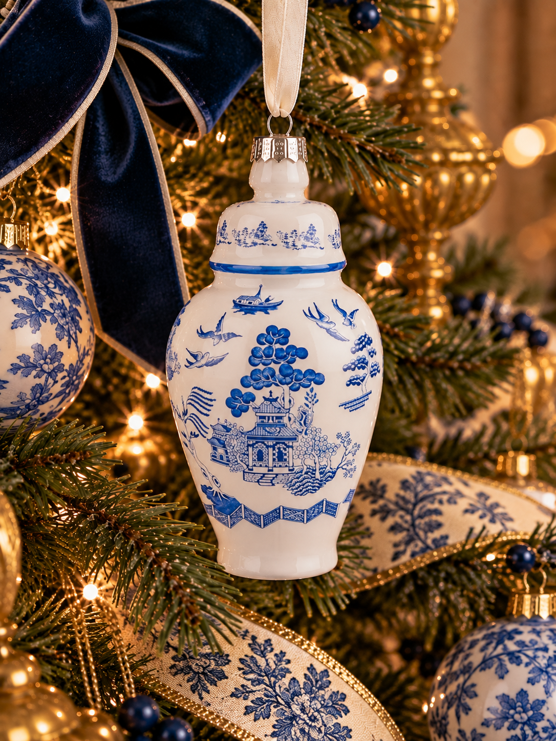 Danny’s Fine Porcelain Blue Chinoiserie Willow Ginger Jar Glass Ornament | 5”H