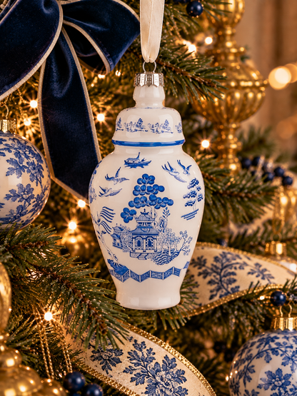 Danny’s Fine Porcelain Blue Chinoiserie Willow Ginger Jar Glass Ornament | 5”H