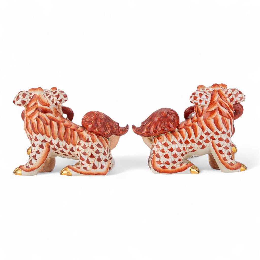 Danny’s Fine Porcelain - Rust & White Spaniel Foo Dog Figure Pair W/ Gold Accent (2 sizes to choose)