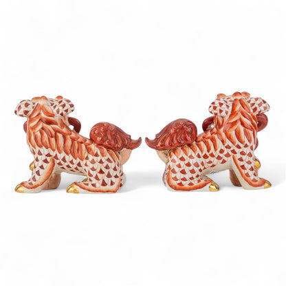 Danny’s Fine Porcelain - Rust & White Spaniel Foo Dog Figure Pair W/ Gold Accent (2 sizes to choose)