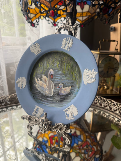 Swan original oil painting on Wedgwood plate 6.75”