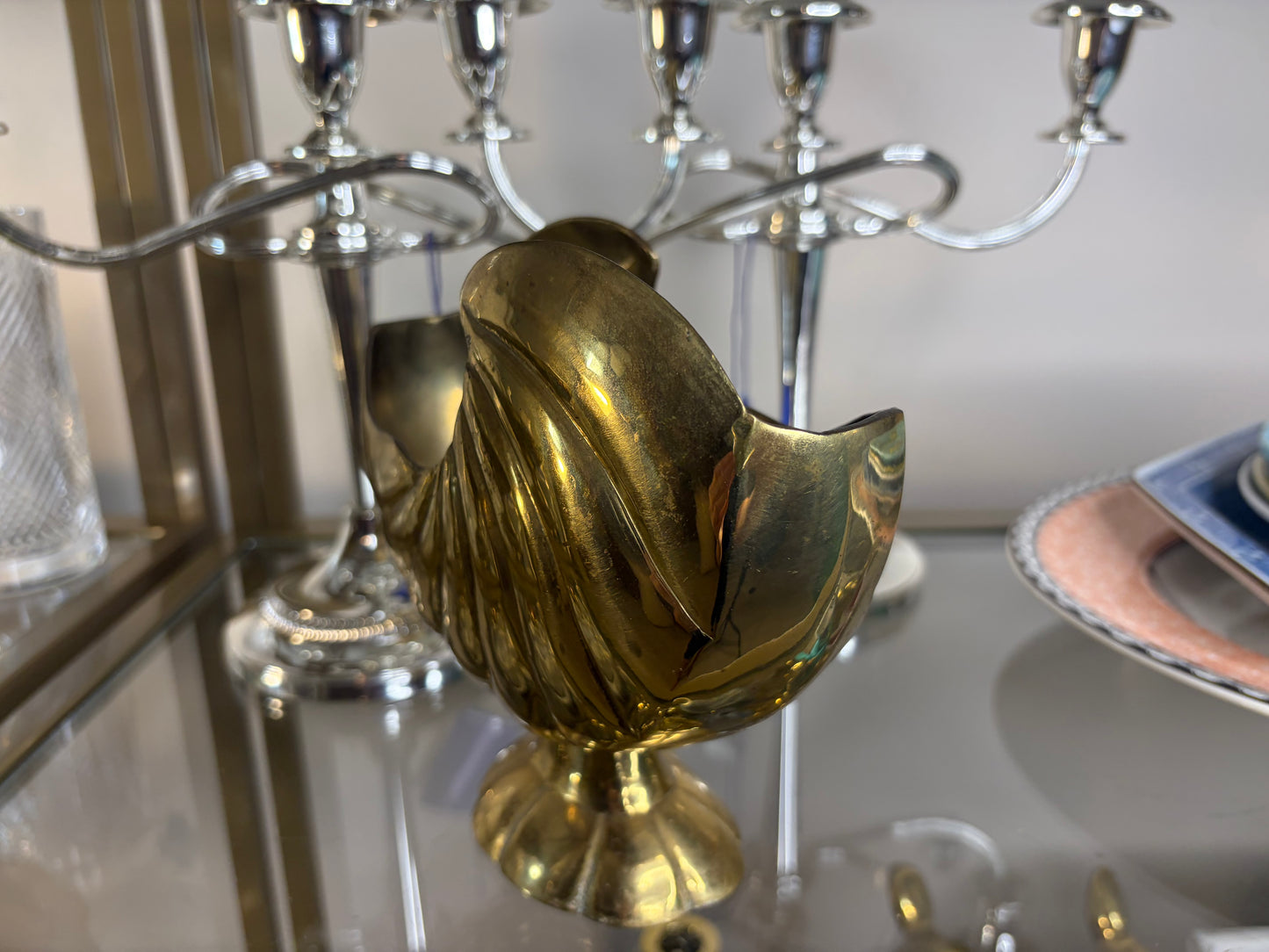 Beautiful brass nautilus seashell vase on pedestal!