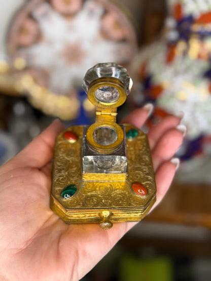 Antique Gilt Bronze & Crystal Inkwell | Jeweled Desk Inkstand | 3” Base