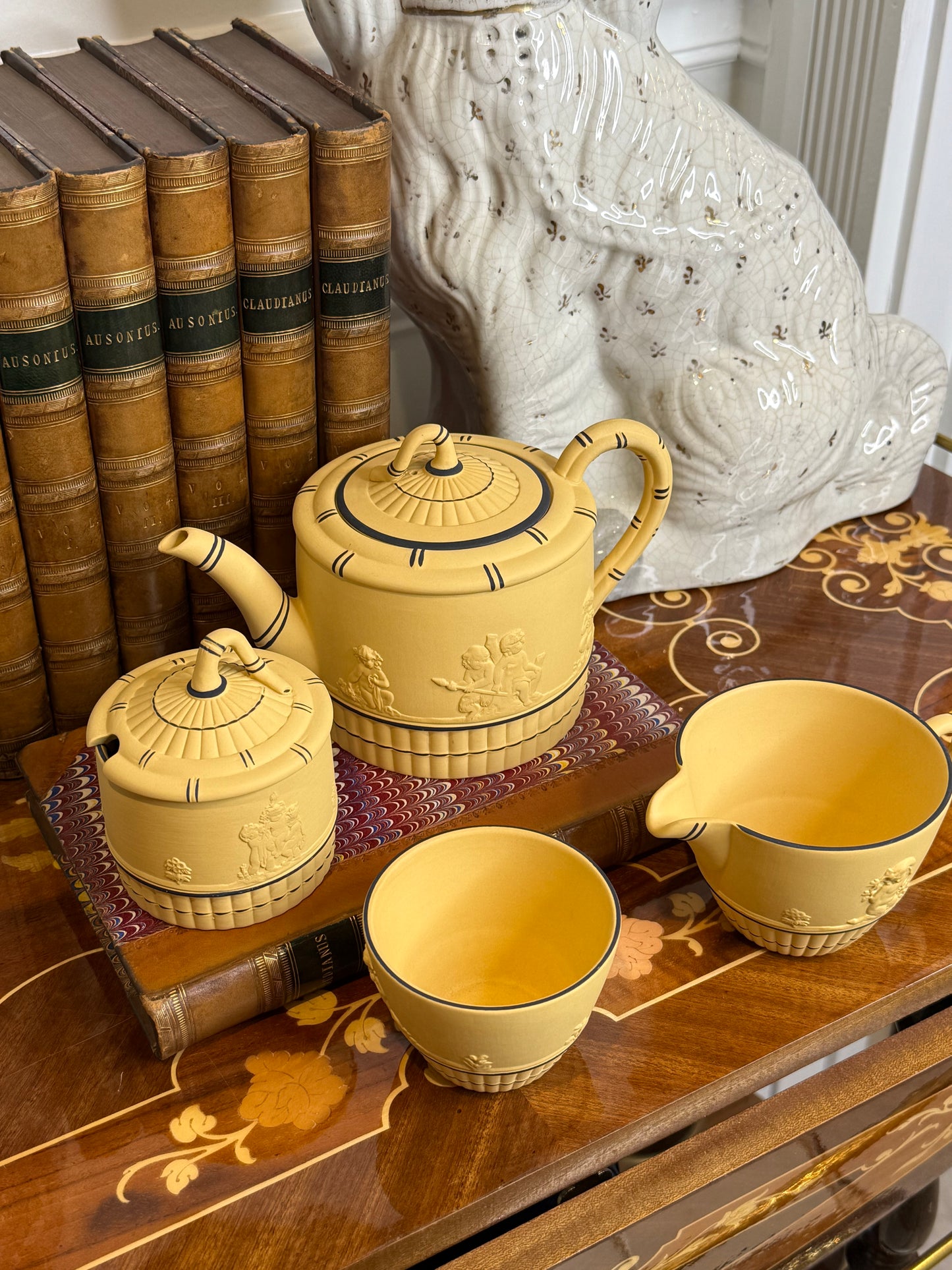 Vintage Wedgwood Black on Cane Jasperware 5-Piece Coffee Service | 3-Cup Coffee Pot, Covered & Open Sugars