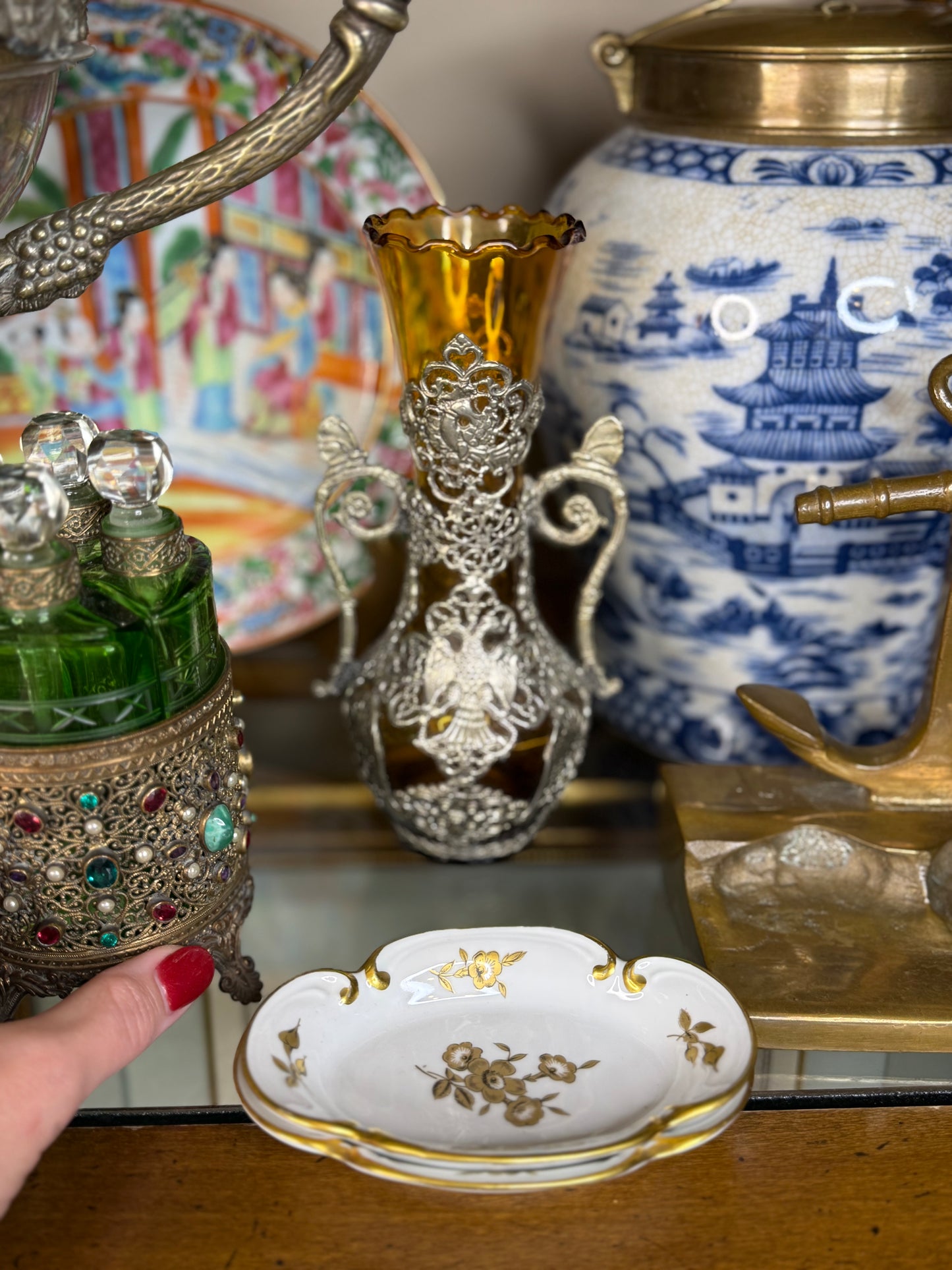 Amber Blown Glass Vase W/ Ornate Metal Overlay | Double-Handled Phoenix Motif