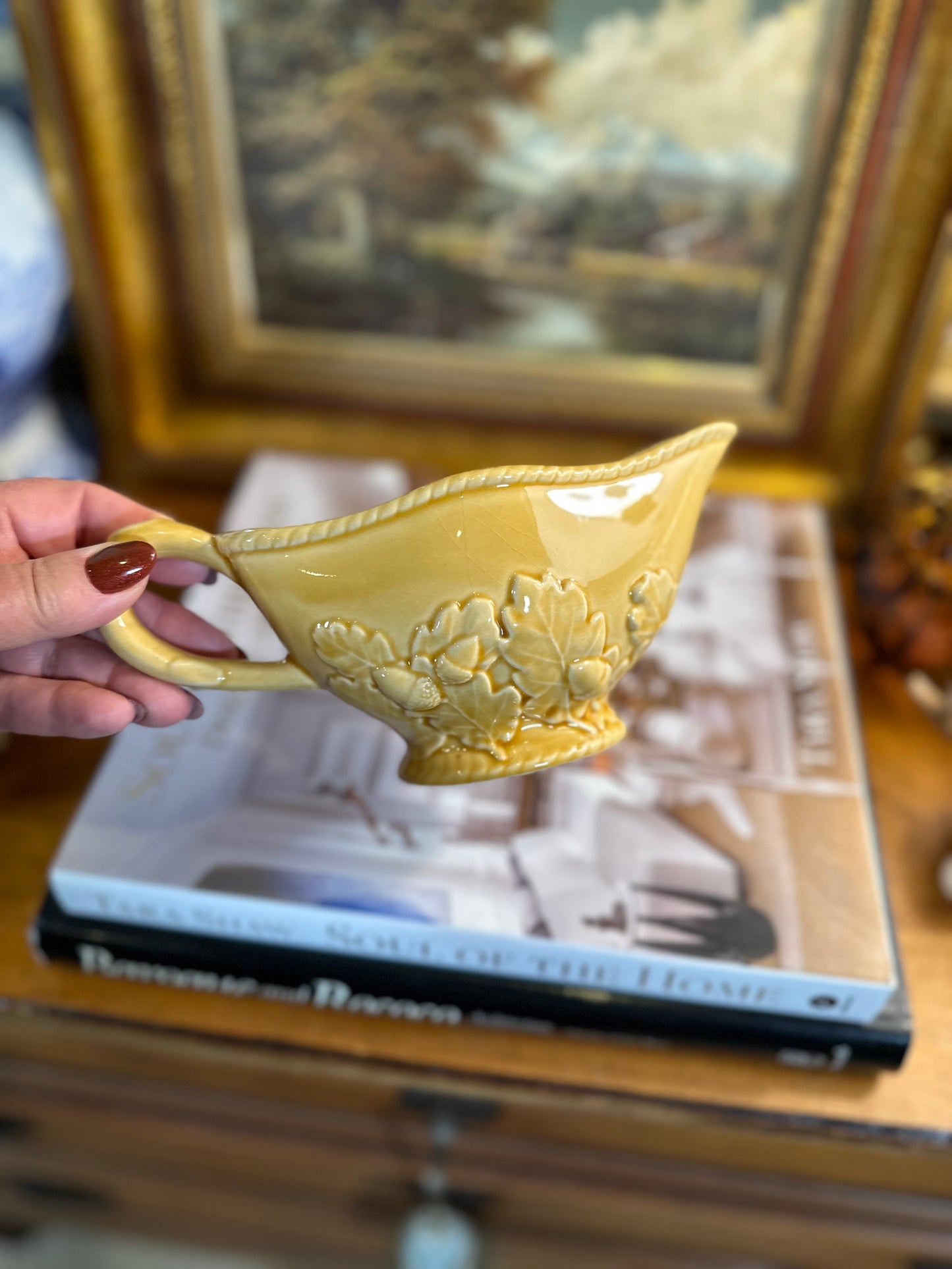 Vintage Bordallo Pinheiro "Oak Leaf Gold" Gravy Boat, 8"