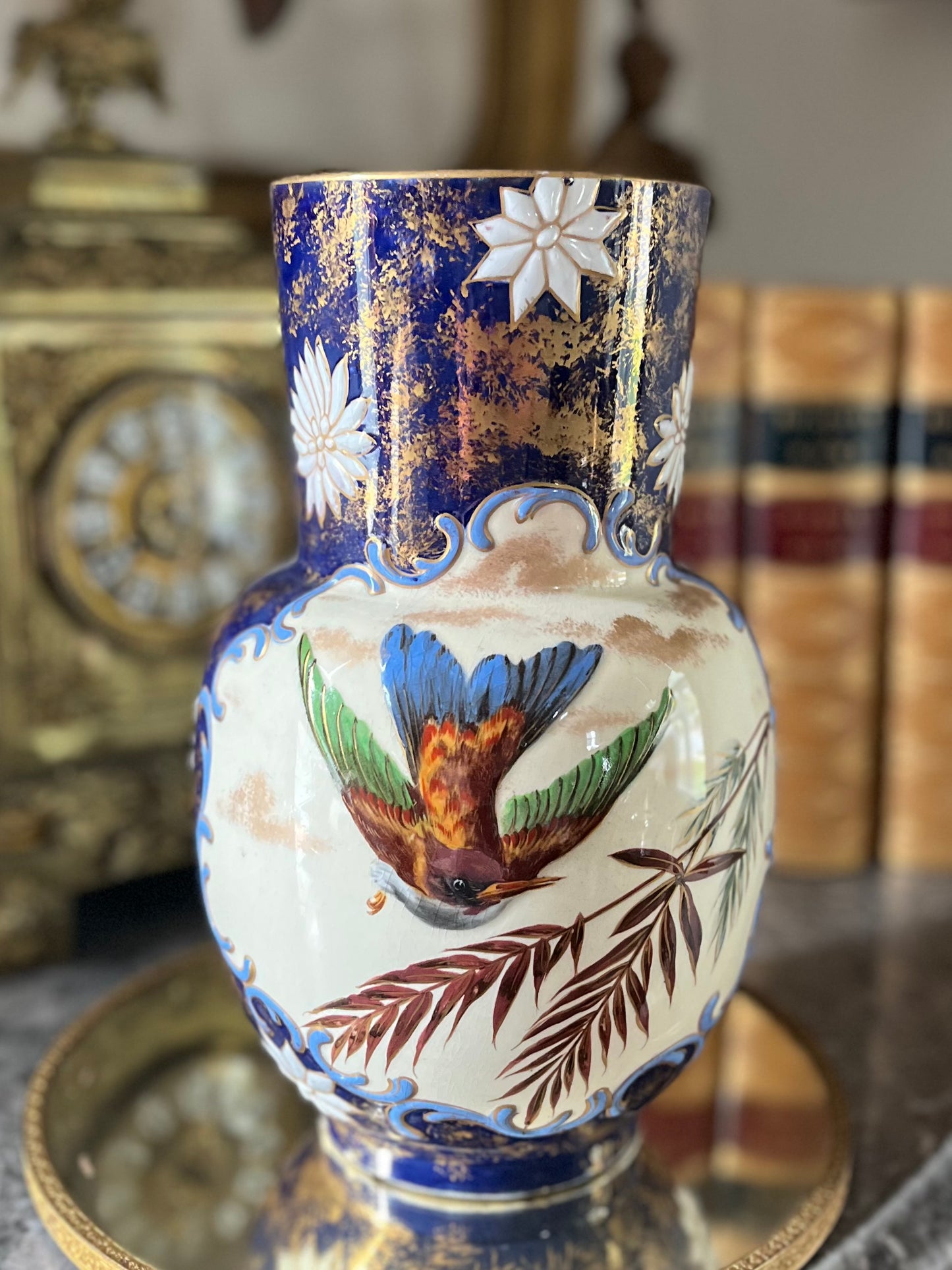 RESERVED - THERESA - Live 09/01 Antique English Aesthetic Movement Cobalt & Gilt Vase | Raised Bird, Dragonfly & Gilt-Sponge Decoration Circa 1870-1895
