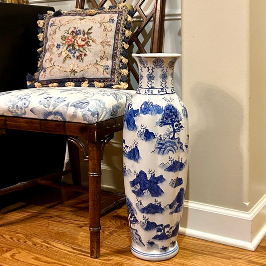 Massive Stunning blue & white chinoiserie floor vase, 24 in tall