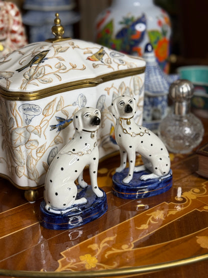 Vintage Pair of Hand-Painted Porcelain Dalmatian Dogs on Cobalt Bases (5.25”) English