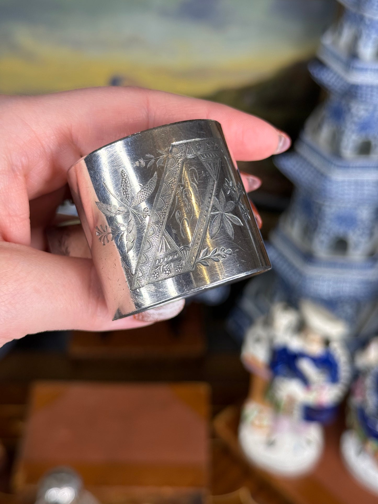 Victorian Meriden Britannia Aesthetic-Style Silverplate Napkin Ring — Engraved, c. 1880