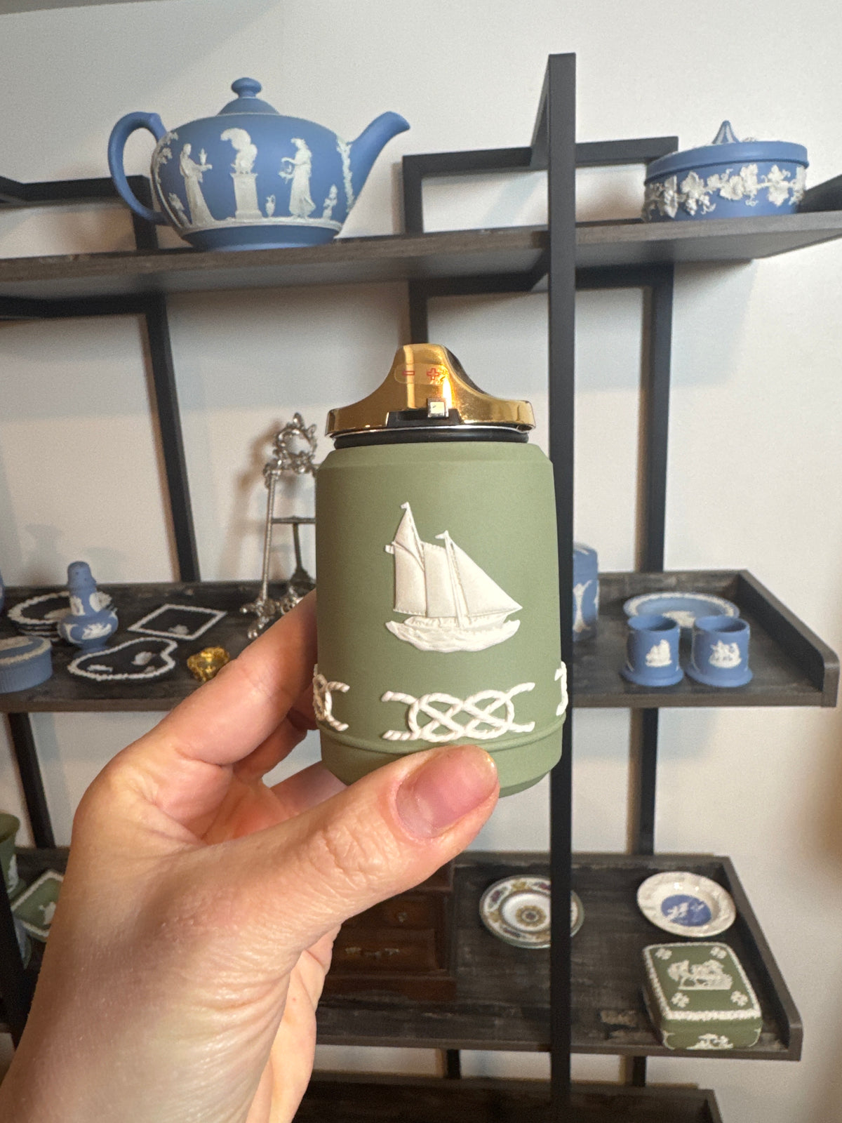 Wedgwood sage green lighter with rope and ship design