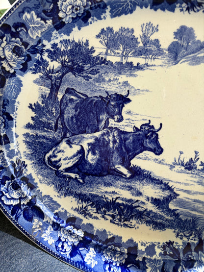 Stunning antique 18 3/4”Wedgwood blue and white platter with pasture scene and cows!