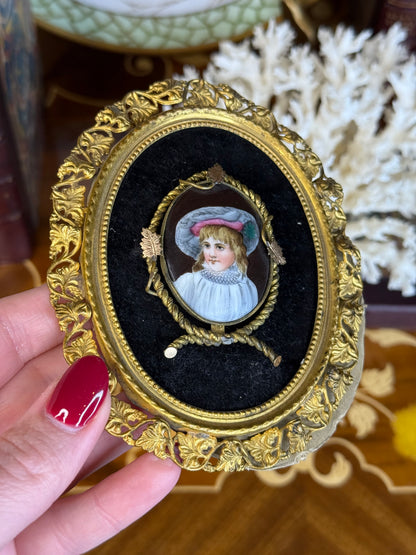 Antique Miniature Portrait of a Young Girl in Gilt Bronze Frame | 5x4” Hand-Painted Enamel