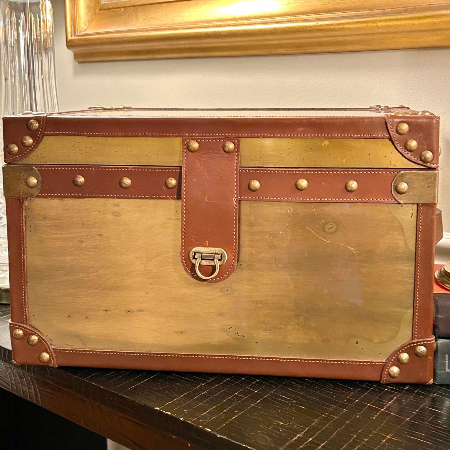 Massive Rustic chic brass and leather storage chest trunk 18 x 12