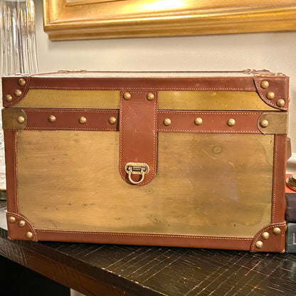 Massive Rustic chic brass and leather storage chest trunk 18 x 12