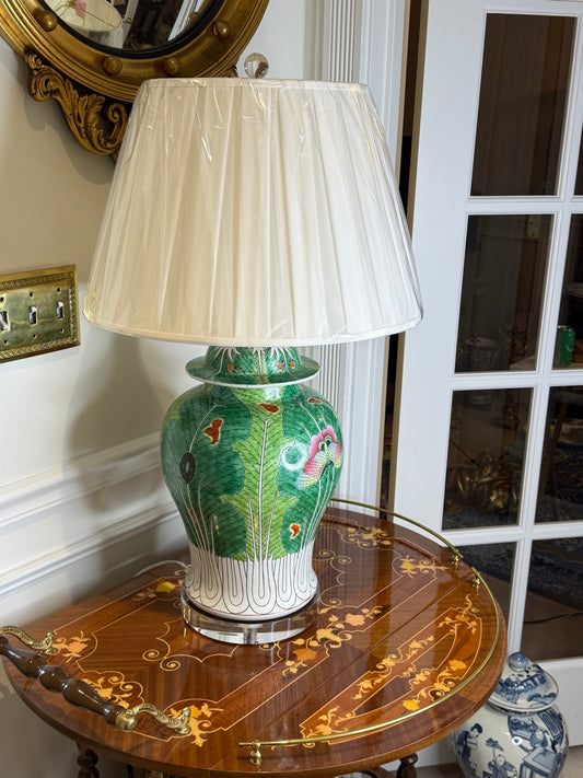 Original 1930s Vintage Custom Bok-Choy Porcelain Lamp | Imported from London | New Hardware, Acrylic Base & Silk Shade | 32”H ✨