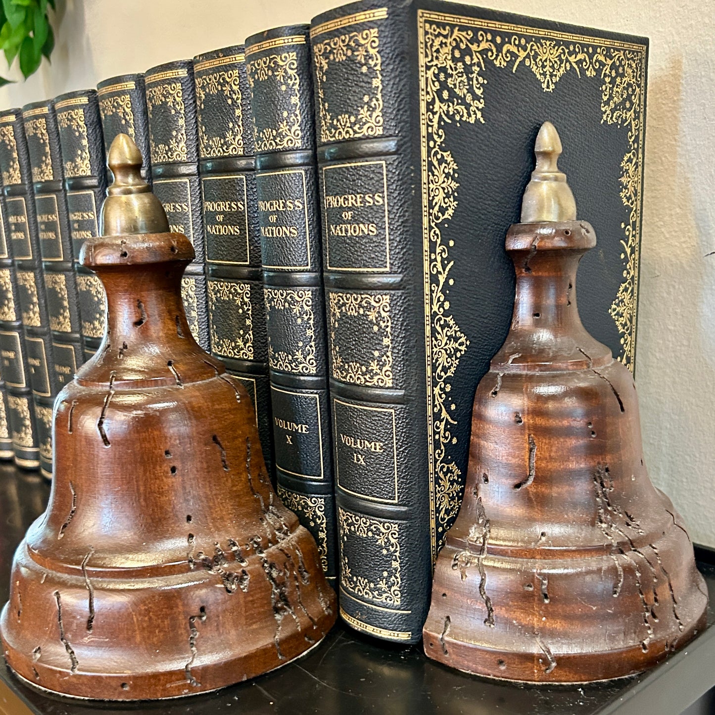 pair of handsome & heavy brass & mahogany bell bookends