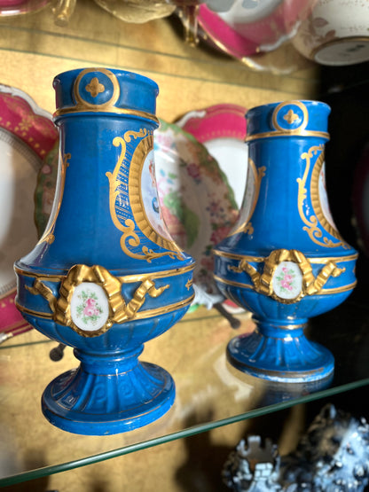 Pair Antique French Sèvres Porcelain Vases | Bleu Céleste | Hand-Painted Putti & Floral Panels | Marked c.1841