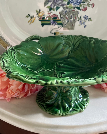 Bid No-presell Live 06/15 Mid-19th Century Copeland Majolica Strawberry Leaf Compote | English Pedestal Centerpiece