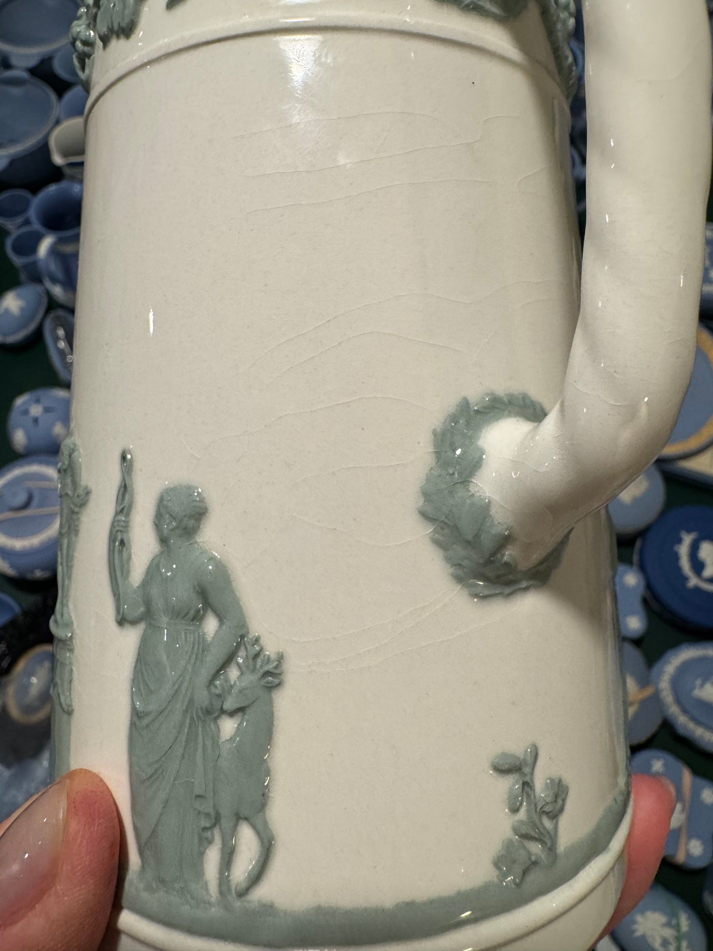 White and green Wedgwood pitcher 6.5” tall
