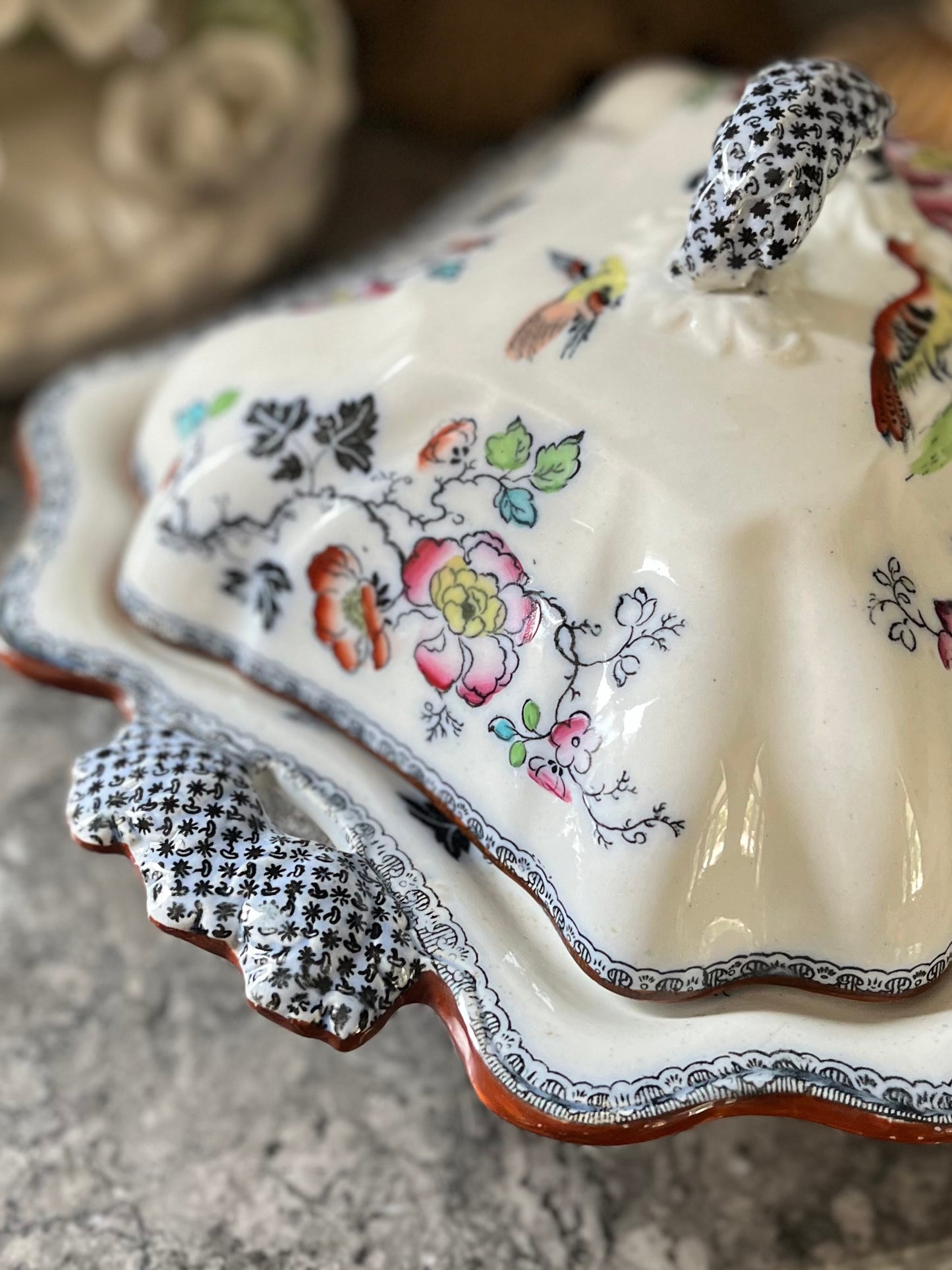 Live 07/28 Stunning Early Ashworth Bros Lidded Vegetable Dish - Footed With Florals/Birds/Contrasting Handles And Trim - Original Ribbon Mark 1860’s