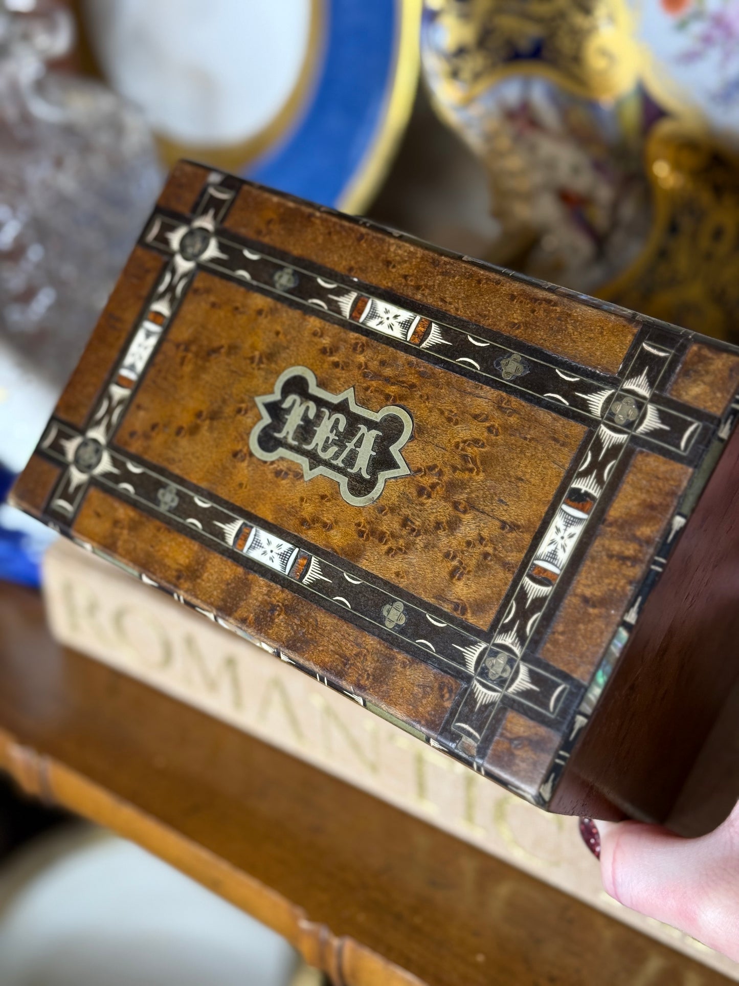 Antique English BIRDS EYE MAPLE Wood “Tea” Caddy with Bone & Mother-of-Pearl Inlay, c. 1820–1850