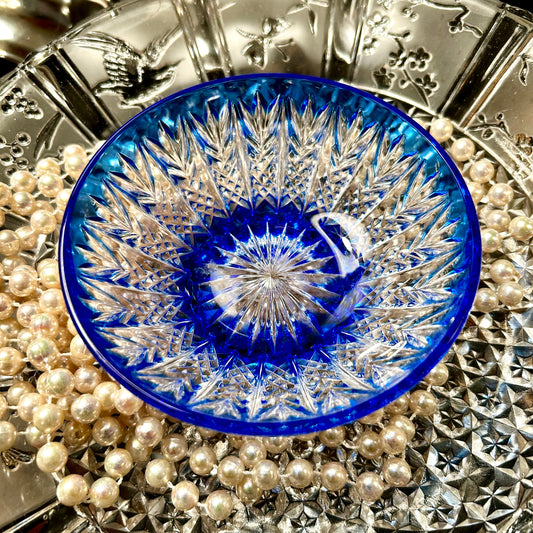 Vintage colbalt blue sparkling crystal trinket ring dish hi