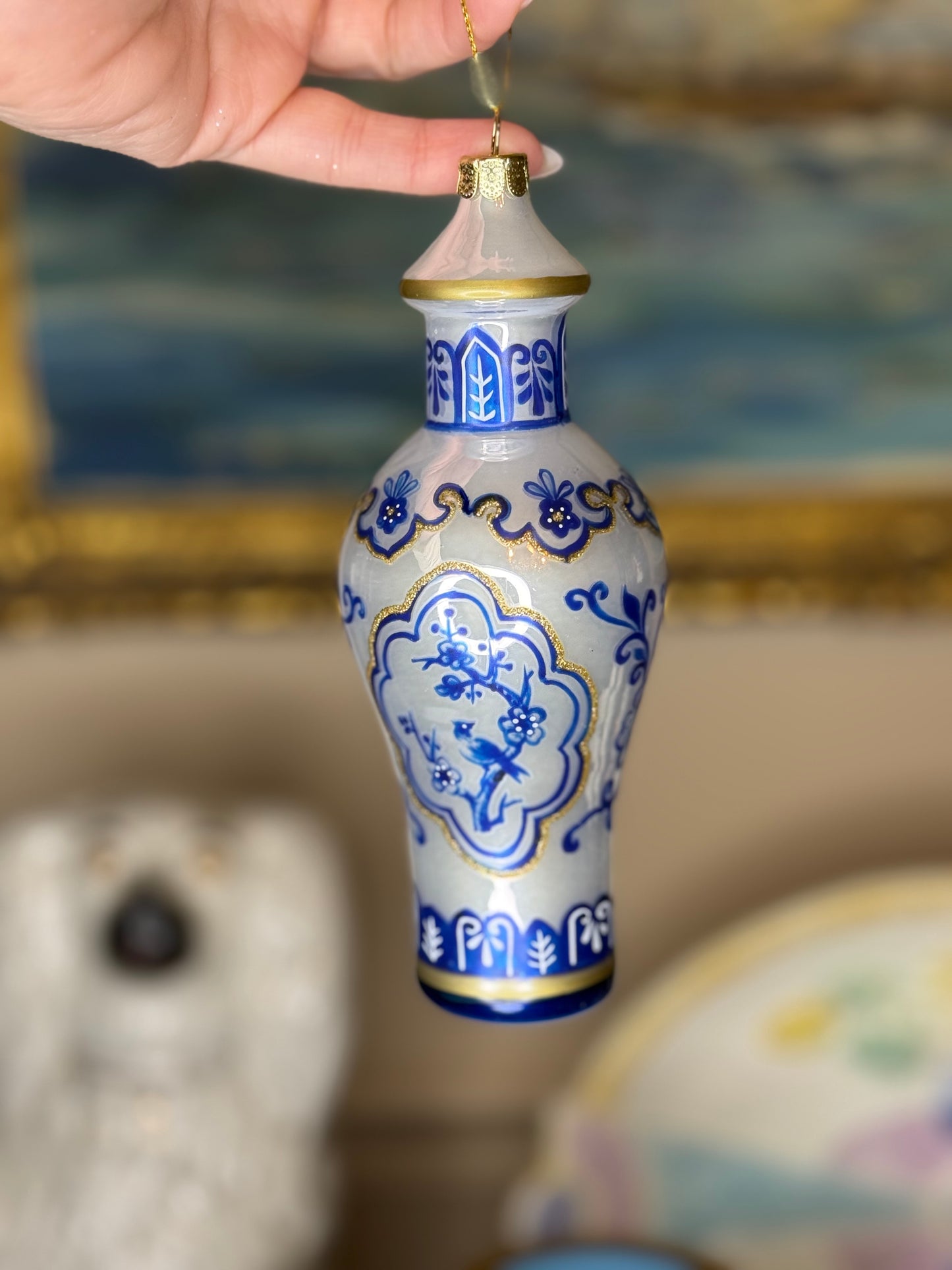 Blue & White Chinoiserie Glass Vase Christmas Ornament | Holiday Tree Decor | Style 1