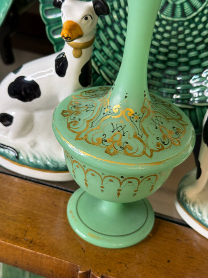 Antique Green Opaline Glass Perfume Bottle with Gilt Decoration, 8” Tall