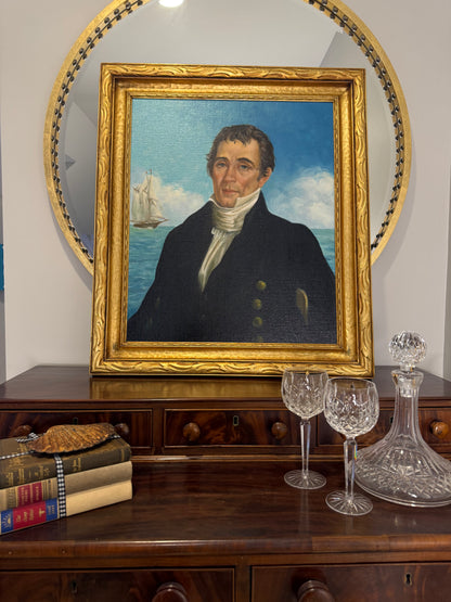 Striking Early Maritime Gentleman Portrait Oil on Board in a Period Gilt Wood Frame