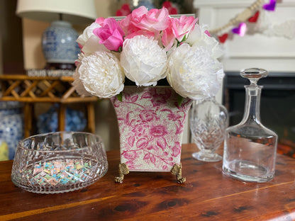 Danny's Fine Porcelain - Pink/White “Prim Rose” Bronze Footed Square Vase Planter - 8.5x6.5"