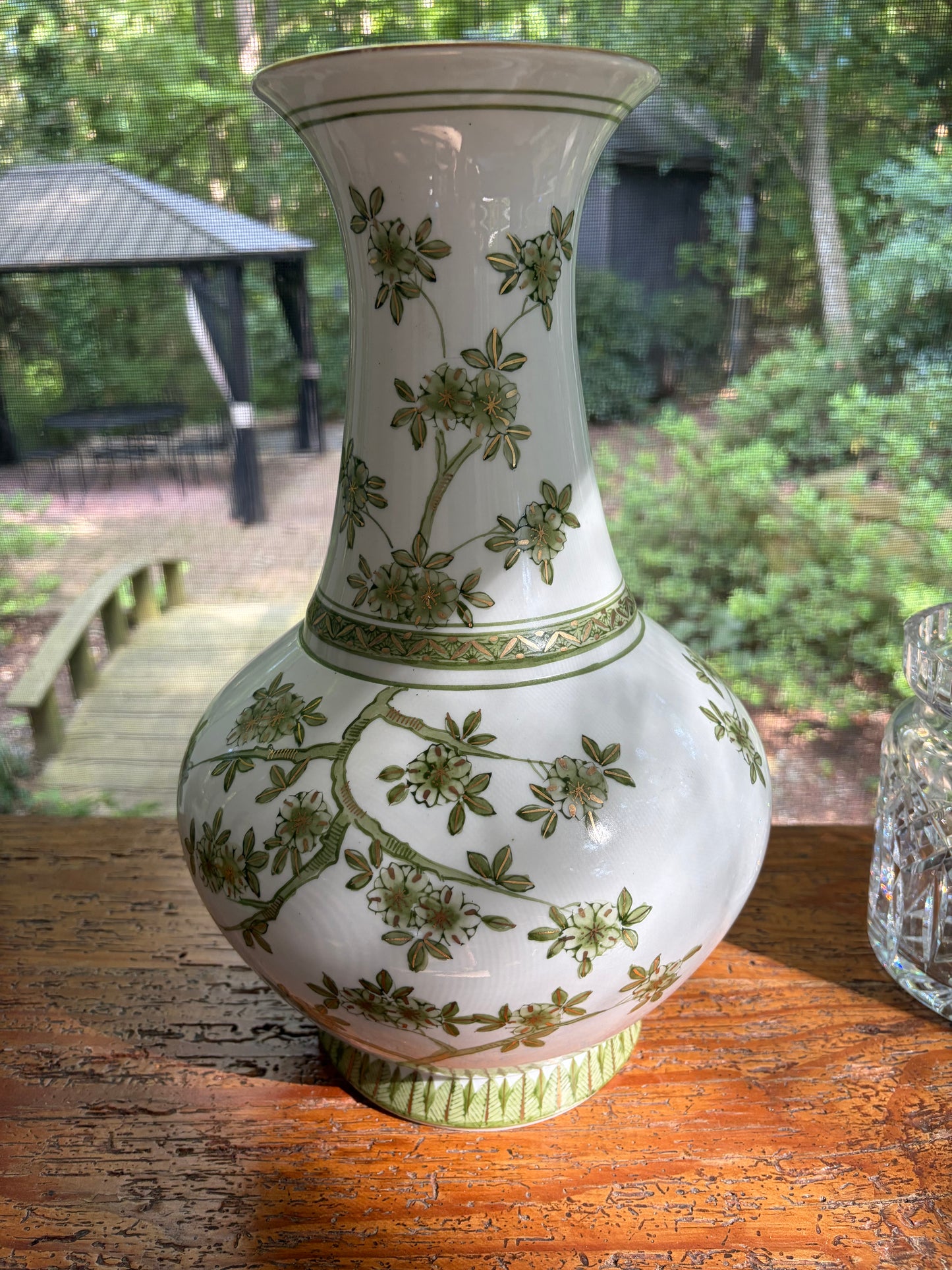 Stunning green, gold, and white vase featuring birds!