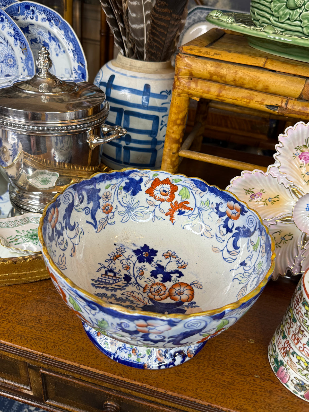 Antique Minton “Amherst Japan” Ironstone Pedestal Footed Bowl | Imari Floral Pagoda Pattern | 9.5” D × 5” H