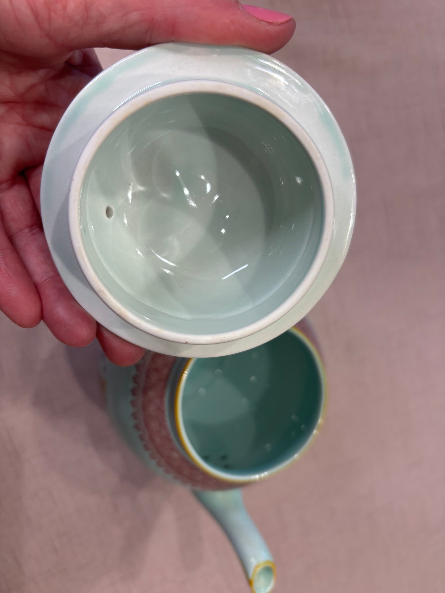 Antique Adams Calyx Ware teapot in the Lowestoft pattern featuring a mint green or duck egg blue color with floral patterns! As is!