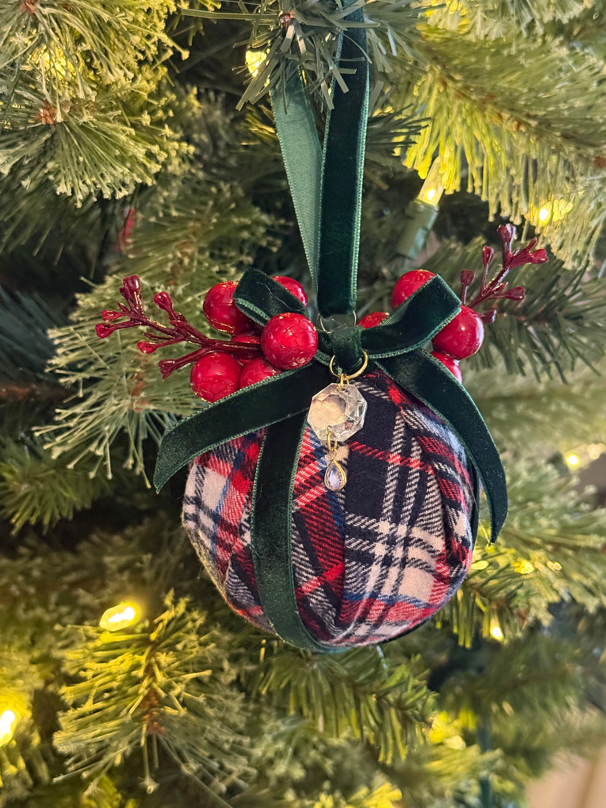 Custom Vintage Tartan RL Christmas Ornament | Velvet, Chandelier Crystal & Swarovski Drop | 3”
