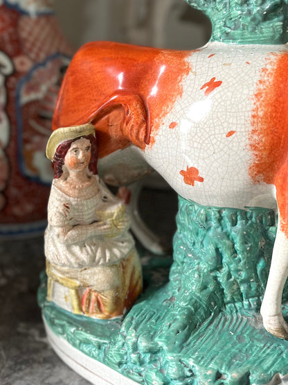 Live 07/28 Rare Antique Staffordshire Cow & Milkmaid Spill Vase | Large Figural Pottery | c.1840–1860 | 10 7/8”H