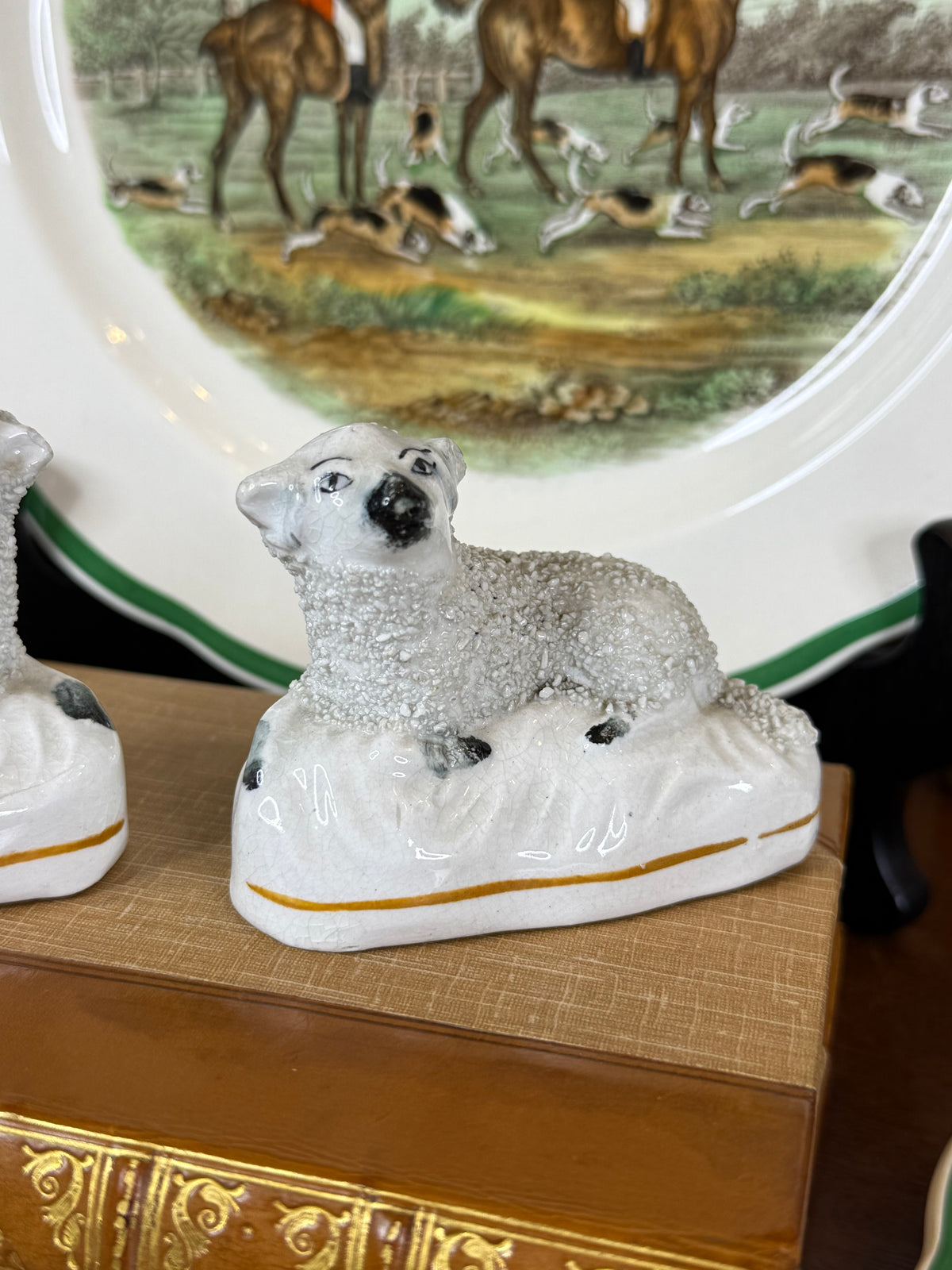 Antique Staffordshire Pair of Black-Faced Sheep Figures, White Glazed Pottery with Gilt Line, English, c.1860–1880, 3” W x 2.5” H | #DA4424