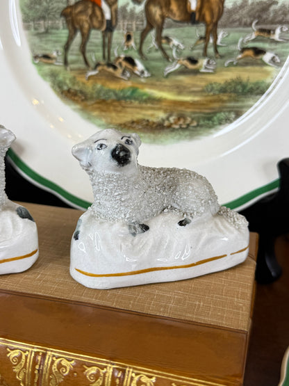 Antique Staffordshire Pair of Black-Faced Sheep Figures, White Glazed Pottery with Gilt Line, English, c.1860–1880, 3” W x 2.5” H | #DA4424