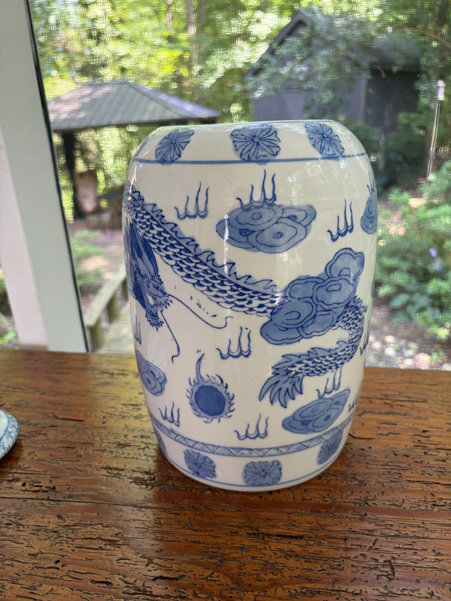 Chinoiserie blue and white lidded jar with dragons!