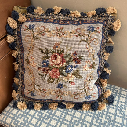 Beautiful blue botanical oversized custom needlepoint pillow 16 x 16