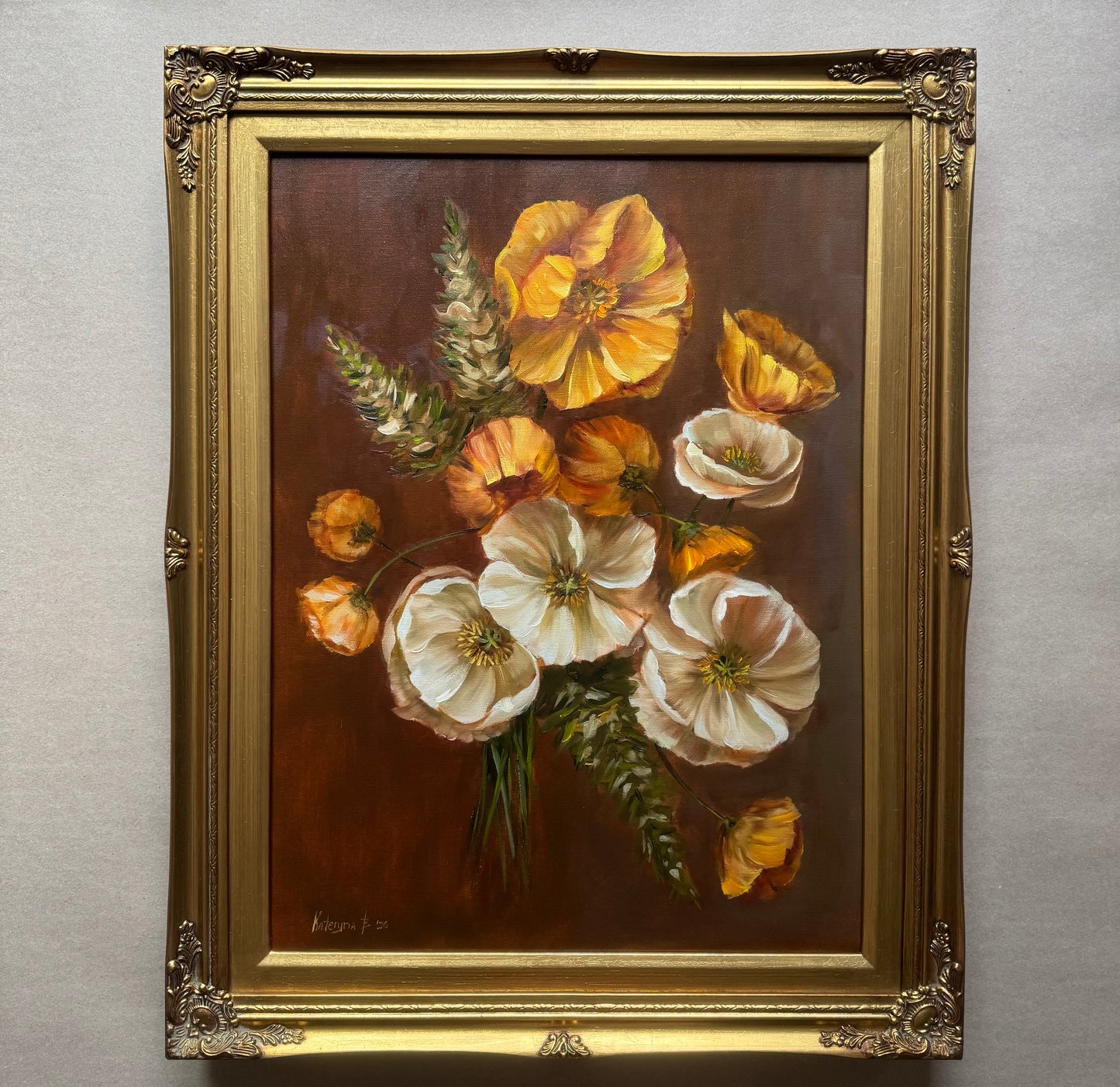 Yellow and white poppies bouquet original oil painting 23x29” framed