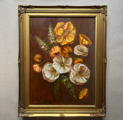 Yellow and white poppies bouquet original oil painting 23x29” framed