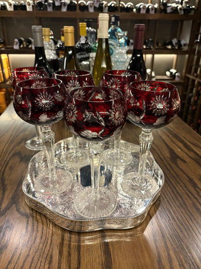 Set (6) Ruby cut to clear hock wine glasses