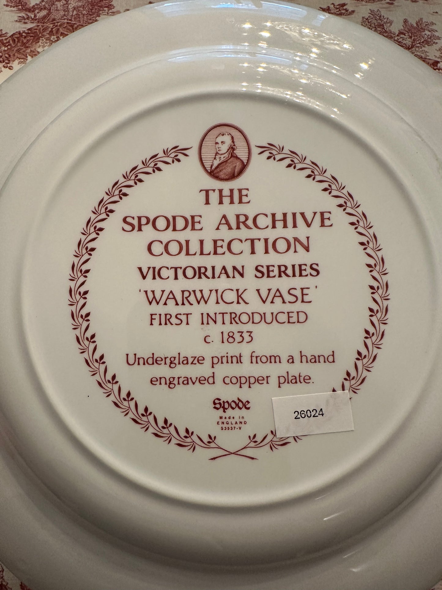 Spode Archive Collection “Victorian Series” Cranberry Red Warwick Vase Dinner Plate | England, 10.25”