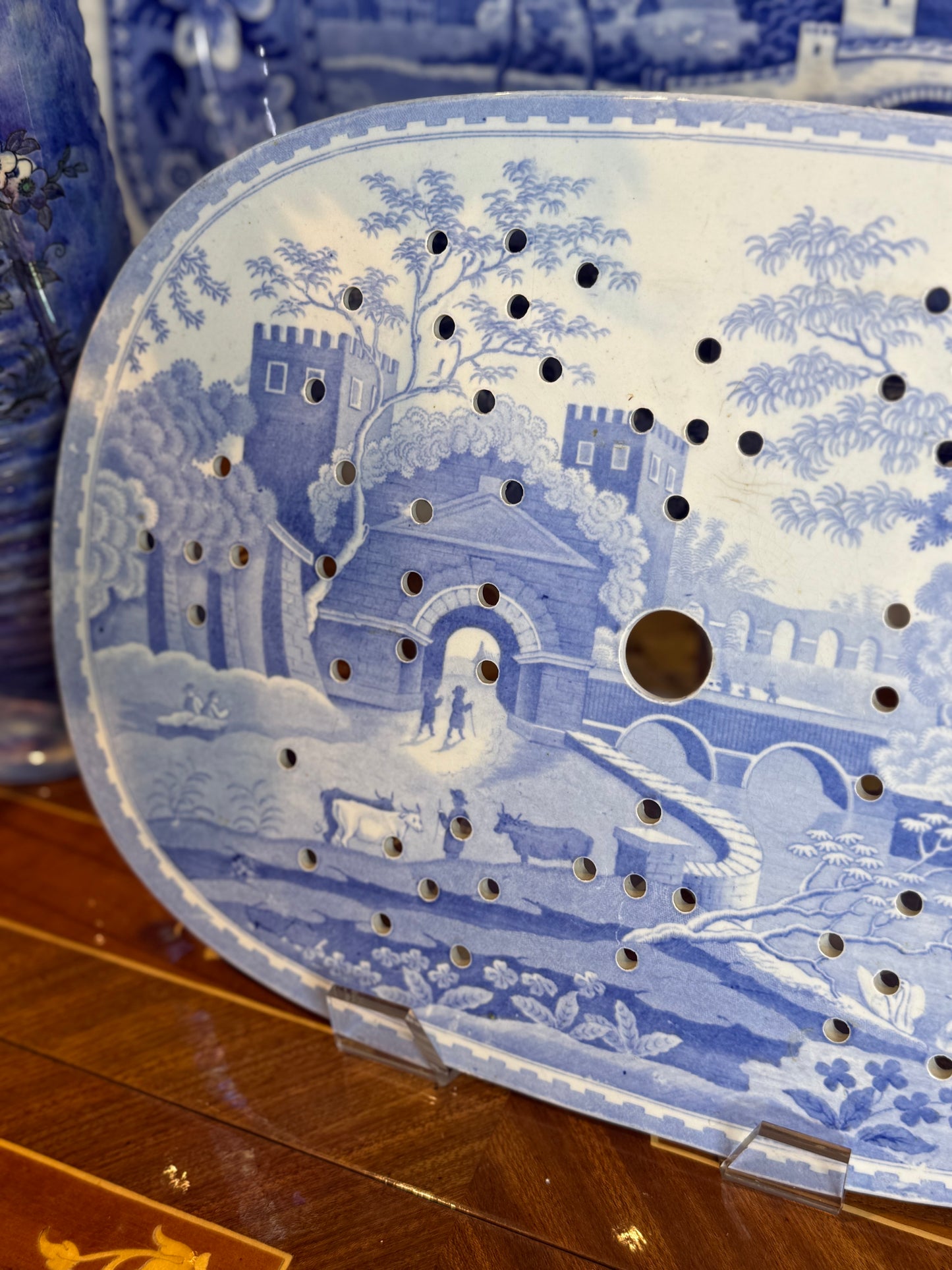 Antique Spode Blue & White Drainer, “Boudron Castle” Caramanian Series, c.1815–1833, 15” x 10” #DA4552