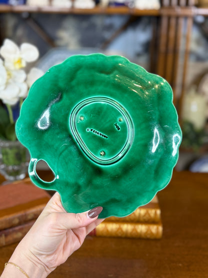 Antique Wedgwood Green Majolica Leaf Dish, Molded Botanical Design, English, c.1870–1890, 9” x 9.5” | #DA4586